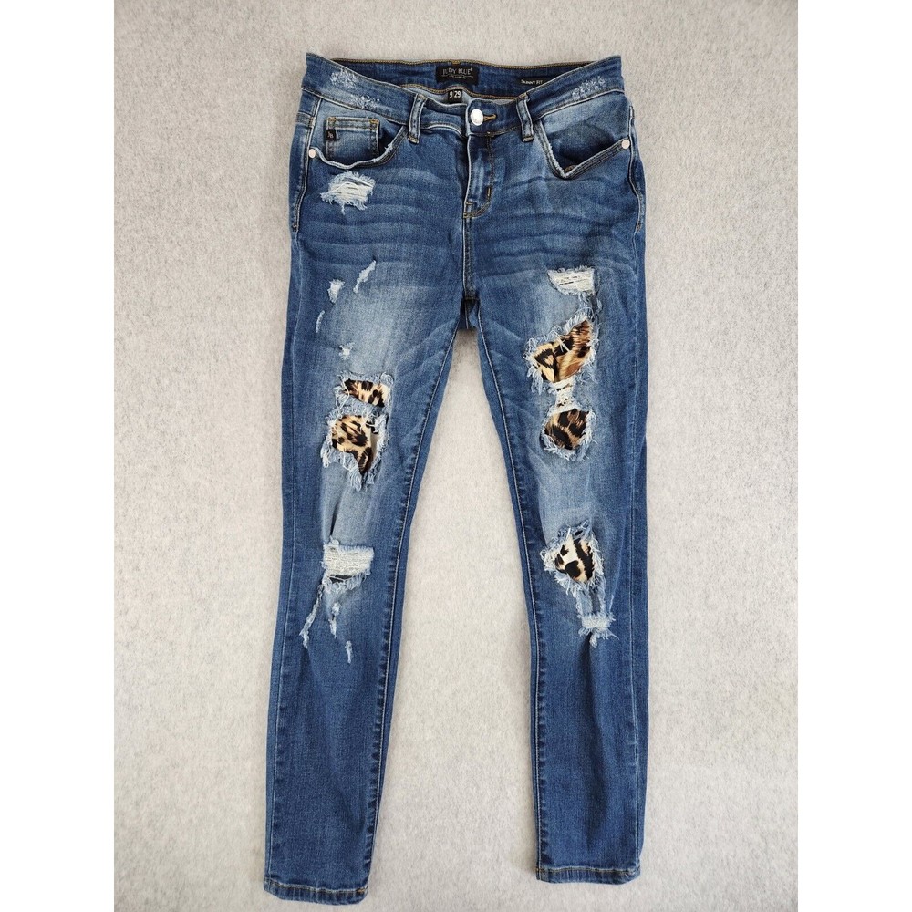 Judy Blue Skinny Fit Leopard Lined Jeans Womens 9 / 29 Distressed Stretch Denim